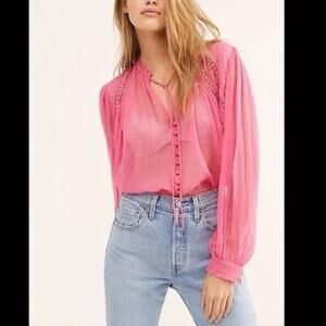 Free People Long Live Love Pink Sheer Lace Buttondown Boho‎ Barbie Size Small